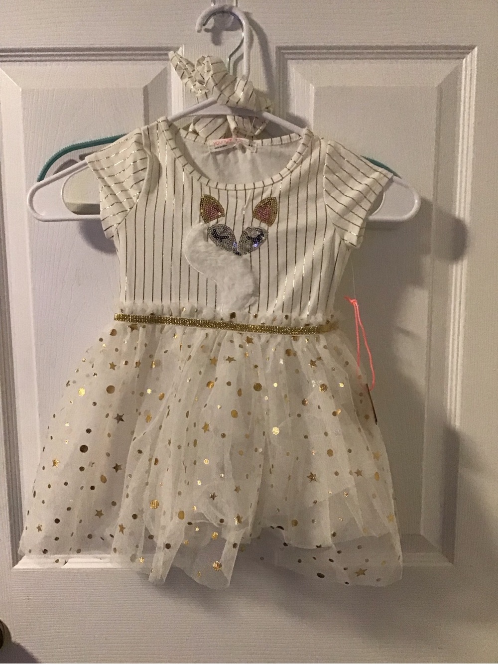 Young Hearts White Dress with Gold Stripe & Glitter Dot Tulle